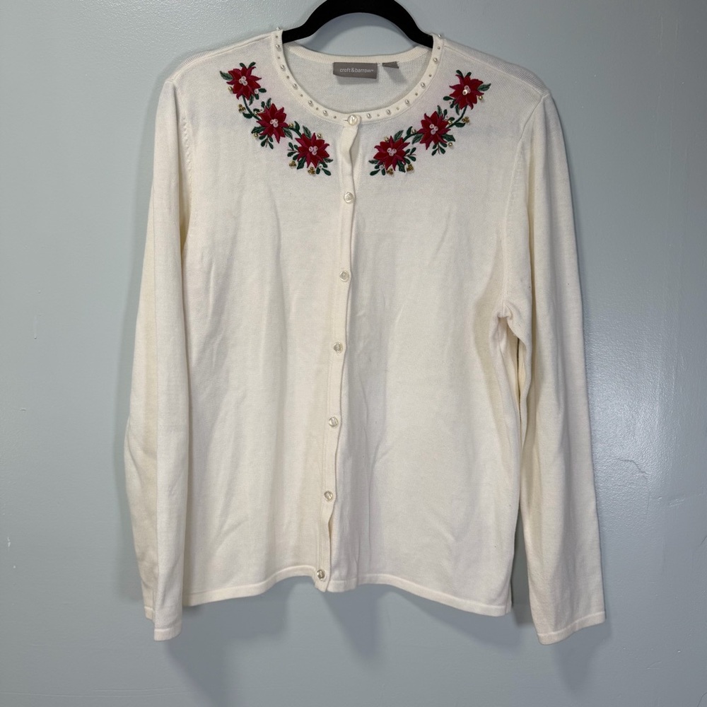 Croft & Barrow Cream Knit Christmas Poinsettia and Pearl Cardigan Size Large